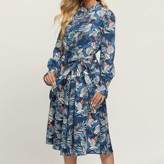 Long-sleeve Leaf Print Tie-waist Midi A-line Dress