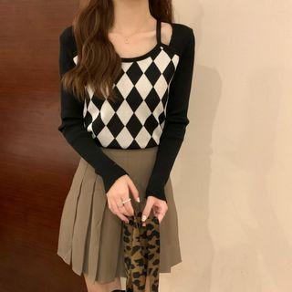 Long-sleeve Argyle Mock Two-piece Slim-fit Top