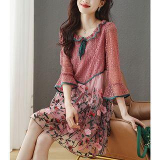 3/4-sleeve Lace Floral A-line Dress