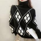 High-neck Long-sleeve Argyle Printed Knit Sweater