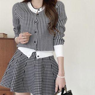 Set: Houndstooth Cardigan + Mini A-line Skirt Houndstooth - Black - One Size