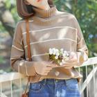 Striped Turtleneck Sweater Light Coffee - One Size