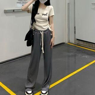 Short-sleeve Lettering Drawstring Knit Top / Pants