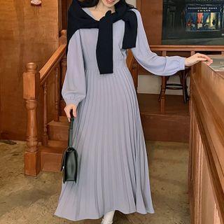 Long-sleeve V-neck Midi A-line Dress Purple - One Size