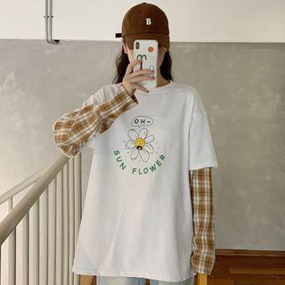 Mock-two-piece Plaid Panel Daisy Print T-shirt