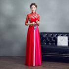 Flower Embroidered 3/4-sleeve A-line Evening Gown