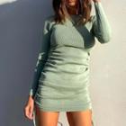Drawstring Long-sleeve Mini Knit Sheath Dress