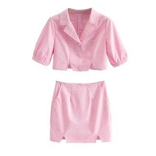 Short-sleeve Notch Lapel Crop Shirt / Mini Pencil Skirt