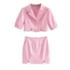 Short-sleeve Notch Lapel Crop Shirt / Mini Pencil Skirt