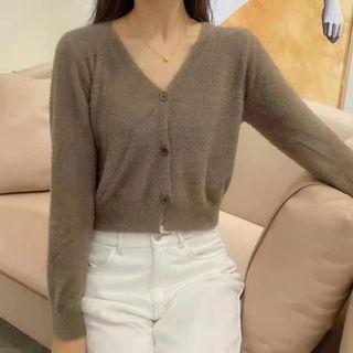 V-neck Plain Furry Knit Crop Top