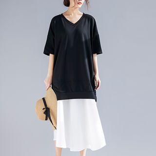 Mock Two-piece Short-sleeve Midi Dress Black - One Size