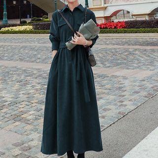 Puff-sleeve Tie-front Midi Shirtdress