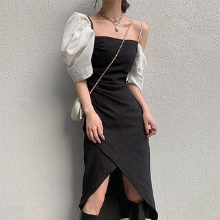 Off-shoulder Split-hem Dress Black - One Size