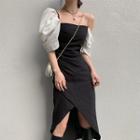 Off-shoulder Split-hem Dress Black - One Size
