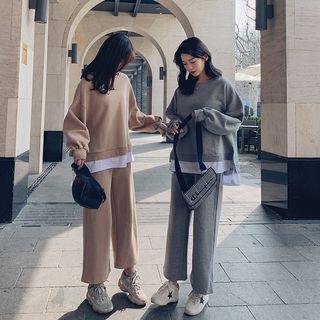 Set: Mock Two-piece Pullover + Wide-leg Pants