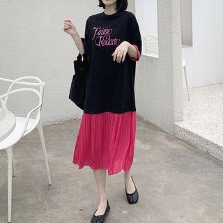 Elbow-sleeve Letter Print Ruffled Dress