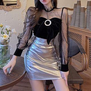 Dotted Mesh Panel Blouse / Mini Pencil Skirt