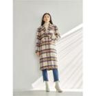 Double-breasted Plaid Long Coat Beige - One Size