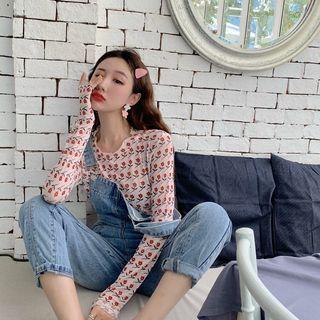Floral Long-sleeve Mesh Top As Figure - One Size
