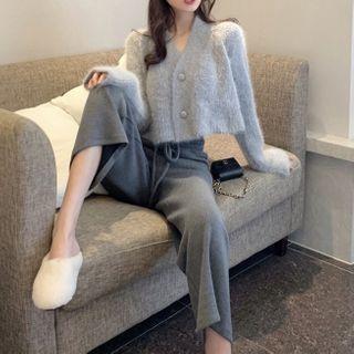 Set: Furry Cardigan + Wide-leg Pants