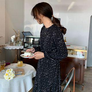 Long-sleeve Midi Dotted A-line Dress Black - One Size