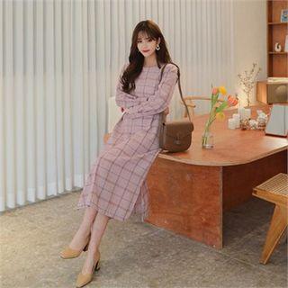 Tie-waist Long Plaid Dress