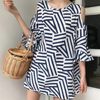 Striped Cut Out Shoulder 3/4 Sleeve Dress