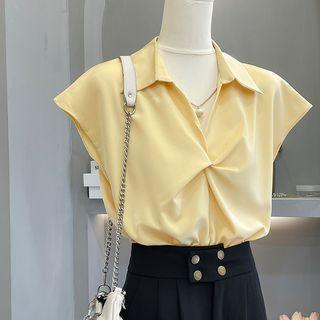 Cap-sleeve Plain Blouse / Wide Leg Pants