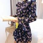 Bell-sleeve Heart Print Mini A-line Dress