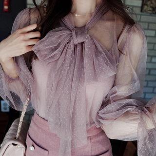 Set: Tie-neck Tulle Sheer Blouse + Camisole Top