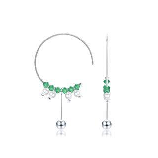 925 Sterling Silver Simple Round Circle Tassel Earrings With Green Austrian Element Crystal Silver - One Size