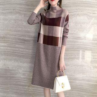 Mock-turtleneck Plaid Panel Knit Dress