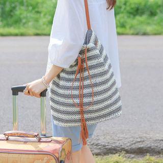 Drawstring Stripe Woven Bucket Bag