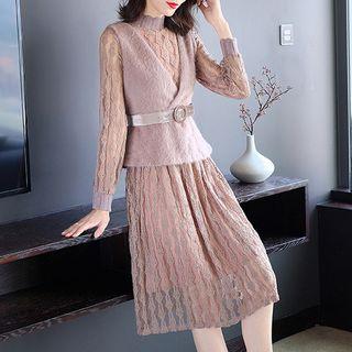 Set: Lace Long-sleeve Midi Dress + Fluffy Vest