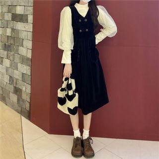 Sleeveless Double-breasted Velvet Dress / Puff-sleeve Mesh Panel Knit Top