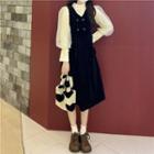 Sleeveless Double-breasted Velvet Dress / Puff-sleeve Mesh Panel Knit Top