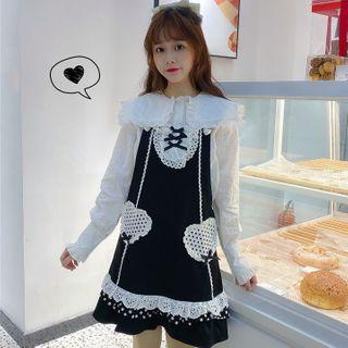 Long-sleeve Ruffle Blouse / Mini A-line Pinafore Dress