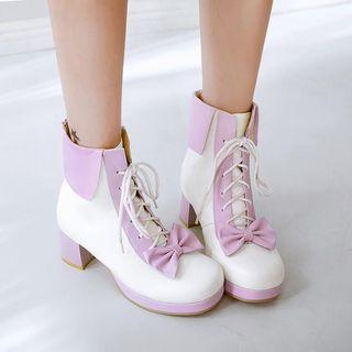 Two-tone Lace-up Chunky-heel Short Boots