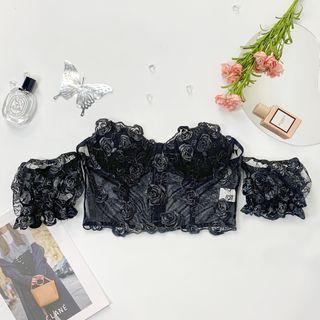Short-sleeve Off-shoulder Mesh Panel Crop Top