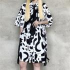 Cow-print Short-sleeve Shirt With Tie / Cow-print Belted Shorts
