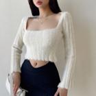 Long-sleeve Square-neck Cropped Knit Top White - One Size