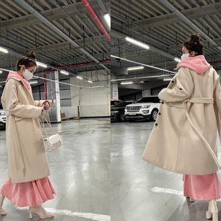 Single-breasted Long Coat With Sash Light Beige - One Size
