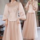 Long-sleeve Floral Embroidered A-line Chinese Bridesmaid Dress