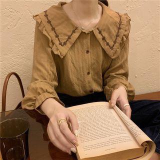 Embroidered Ruffle Collar Long-sleeve Top