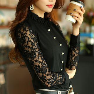 Lace Panel Frilled Neck Blouse