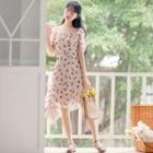 Strawberry Printed Short-sleeve Asymmetric Chiffon Dress