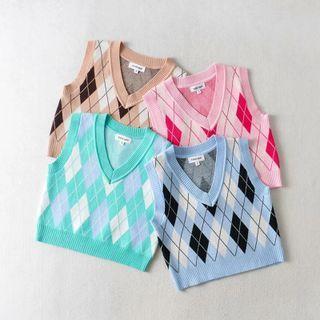 V-neck Argyle Print Crop Knit Vest