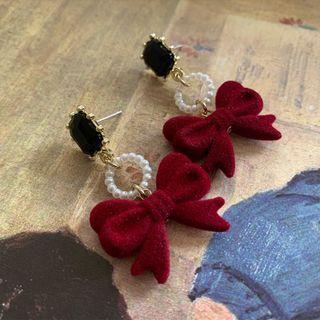Flocking Bow Faux Pearl Resin Alloy Dangle Earring 1 Pair - Stud Earrings - Red & Gold - One Size