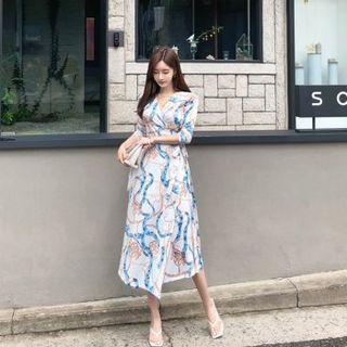 Elbow-sleeve Patterned Long Wrap Dress Ivory - One Size