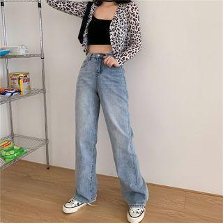 Leopard Print Button Long-sleeve Cropped T-shirt / Camisole Top / Wide-leg Jeans / Sweatpants